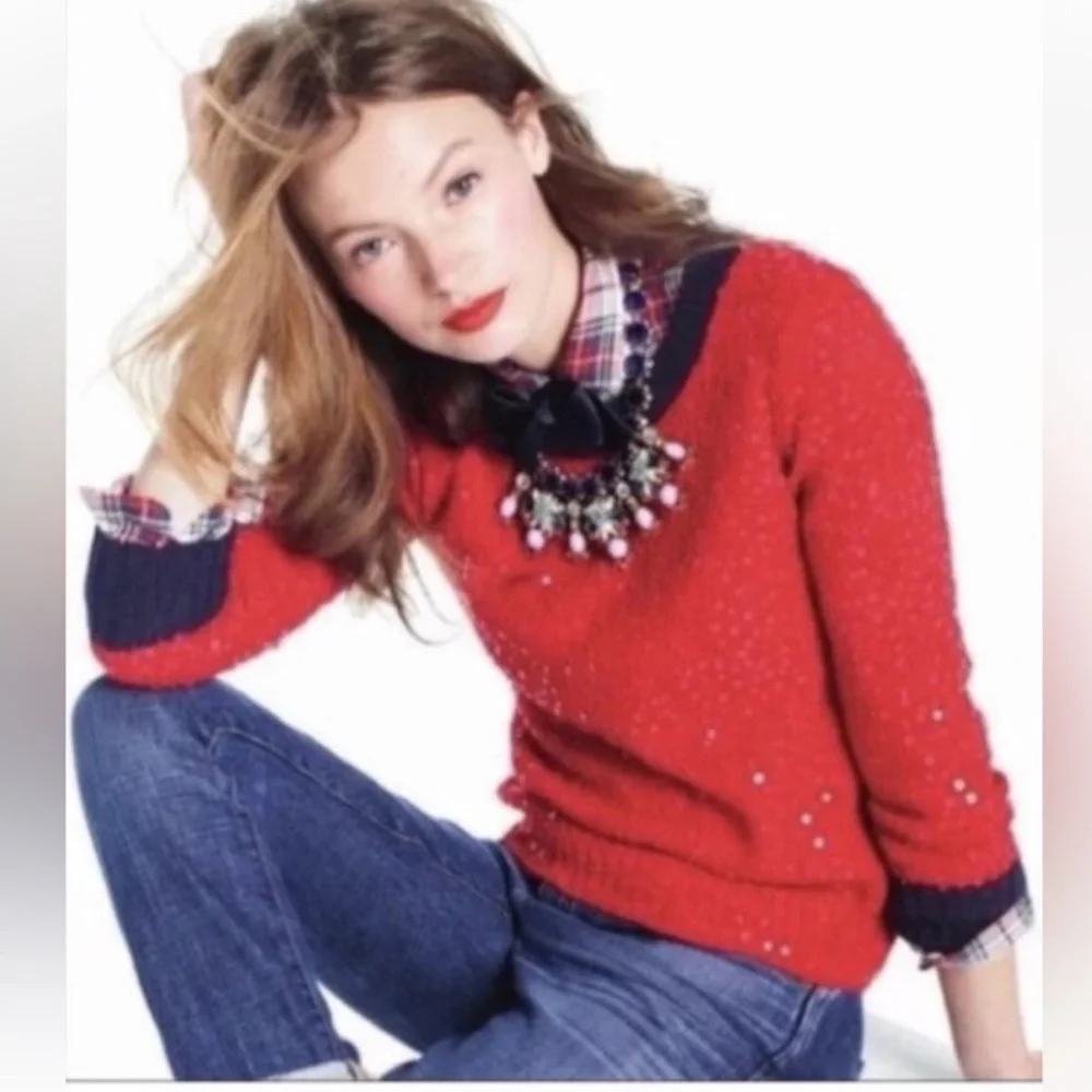 J. Crew Red & Navy Sequin Wool Mohair Blend Crewneck Sweater Small